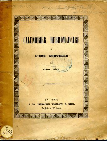 Ouvrage imprimé : Calendrier hebdomadaire de l'ère nouvelle