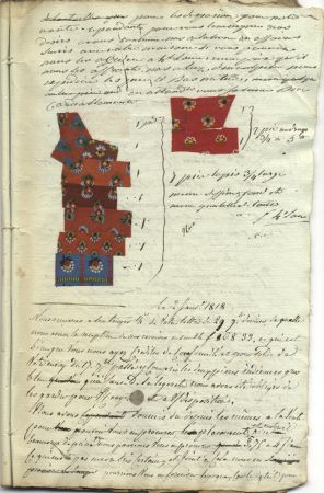 Document d'archives : Maison de commerce Colombo, Nice. Brouillard de lettres comportant des échantillons de tissus de la maison Dollfus à Lyon.