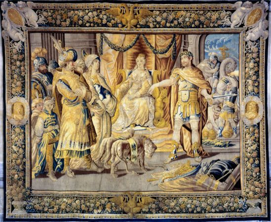 Tapisserie : Tenture de Cléopâtre, série de sept tapisseries. Le Roi d’Arménie conduit devant Cléopâtre