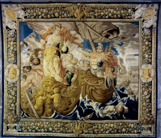 Tapisserie : Tenture de Cléopâtre, série de sept tapisseries. La Bataille d’Actium