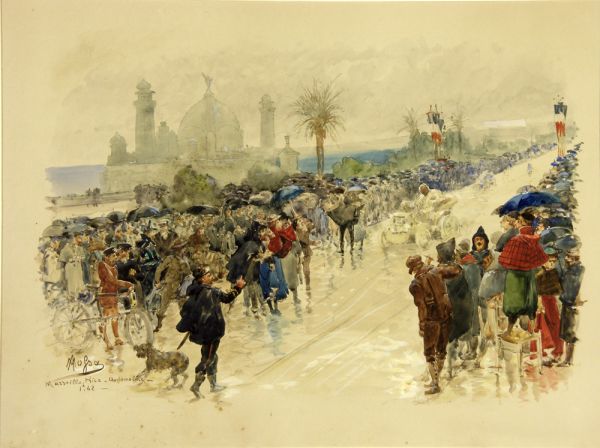 Aquarelle : 29 et 30 janvier 1897 -  première grande course automobile sur la Côte d'Azur, le Marseille-Nice automobile en 1 h 42